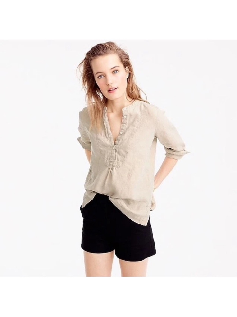 J. Crew Stone cream/ beige Linen Henley Blouse